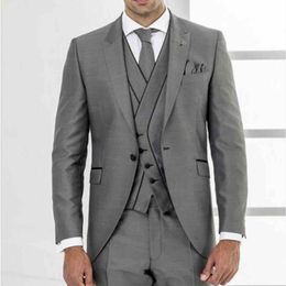 High Quality One Button Grey Wedding Groom Tuxedos Peak Lapel Groomsmen Mens Dinner Party Suits (Jacket+Pants+Vest+Tie) NO:1453