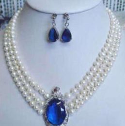 3 rows white pearl pendant necklace earrings 17"-19"