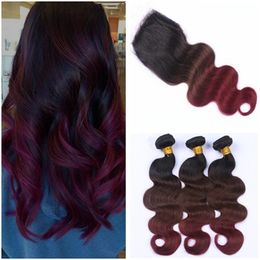 #1B/4/99J Brazilian Three Tone Ombre Human Hair Weave Bundles with 4x4 Lace Closure Wine Red Ombre Virgin Hair Weaves with Closure