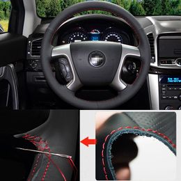 For Chevrolet Captiva Steering Wheel Hand-stitch on Wrap Cover Top Black Leather