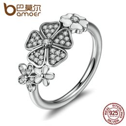 BAMOER 925 Sterling Silver Shimmering Bouquet, White Enamel & Clear CZ Flower Finger Rings for Women Wedding Gift PA7176 S18101607