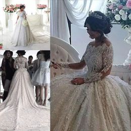 Vintage Full Lace Wedding Dresses Luxury Beaded Off The Shoulder Long Sleeve Bridal Gowns Saudi Arabic Dubai Wedding Dress Custom Made