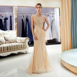 Champagne Evening Dresses Jewel Sheer Neck Beaded Mermaid Prom Gowns Back Zipper Floor-Length Custom Made Formal Occasion Party Gowns