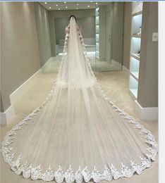 Hot Sale 12 Metres Wedding Veils With Lace Applique Edge Long Cathedral Length Veils One Layer Tulle Custom Made Bridal Veil With Comb