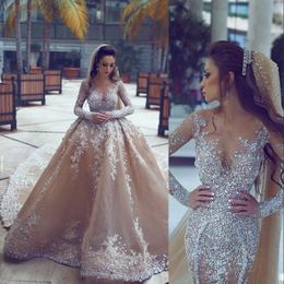 Shining Heavy Beading Wedding Dresses Sheer Neck Champagne Ball Gown Bridal Gowns Illusion Long Sleeves Mermaid Wedding Vestidos Custom Made