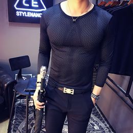 Mens T Shirts Fashion 2018 Mens Transparent T shirts Hollow See Through British Black Tee Homme Slim Fit Tight