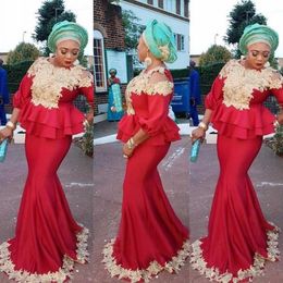 Latest 2018 Alo Ebi African Long Sleeve Evening Dresses Mermaid Peplum Full Length Champagne Gold Lace and Red Chiffon Black Girl Prom Dress