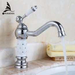 Basin Faucets Brass Chrome Deck Mounted Bathroom Sink Faucet Single Lever Handle White Ceramics Crystal Mixer Water Taps QX-9020