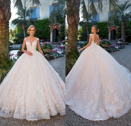 2018 جديد خمر الكرة ثوب فساتين الزفاف مع الرقبة شير توج الأكمام appliqued الرباط أثواب الزفاف vestidos العربية أثواب الزفاف