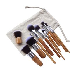 11pcs Natural Bamboo Makeup Brushes with Bag Professional Cosmetics Eyeliner Brush Kit Soft Kabuki Foundation Blending Tools