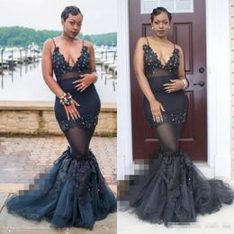 African Plus Size Prom Dresses With Deep V Neck Straps Beads Appliques Sexy Mermaid Evening Dress See Through Appliques Cocktail Party Dress