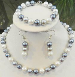 Handmade natural 10mm white/ black /gray multicolor south sea shell pearl necklace bracelets earrings set 2set/lot fashion jewelry