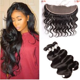 Body Wave Russian Virgin Hair #1b Lace Frontal 13*4 With Bundles Body Wave Human Hair Weaves Lace Frontal Closure Fast Shipping