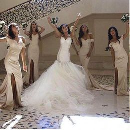 Champagne Long Bridesmaid Dresses Off Shoulder Short Sleeves Party Gowns Side Split Sweep Train Custom Made Back Zipper Bridesmaid Gowns