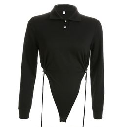 2021 femmes automne t-shirts noir coton mélange Polo col Sexy combinaison manches longues barboteuses livraison gratuite B0733M06