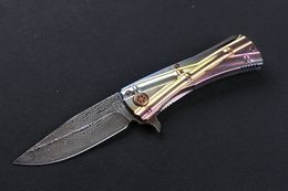 New Damascus steel Blade Custom knives survival Flipper Folding knife Two-tone Bronze Titanium Handle best gift