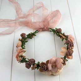 Lady Girls Adjustable Champagne Lace Flower Crown Beach Wedding Flower Headband Hair Wreath Head Women hat accessary