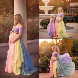 rainbow plus size pregnant formal dresses flower off the shoulder cheap chiffon maternity dress a line prom evening gowns