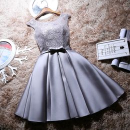 Light Grey Bridesmaids Dresses Knee Length Satin Lace Bridesmaid Dress Wedding Party Gowns Cheap Lace-up back cheap