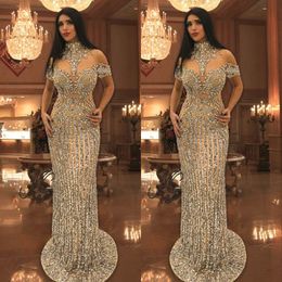 Luxurious Rhinestone Crystals Prom Dresses High Neck Beads Short Sleeve Sparkly Mermaid Prom Dress Stunning Dubai Celebrity Evening Dresses