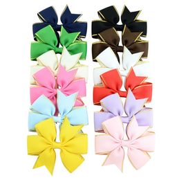 12pcs Solid Grosgrain Ribbon Bow With Gold verge Hair Clip For Girls Handemade Hair Accessories HD783