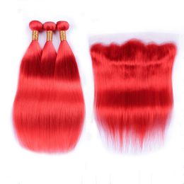 Silky Straight Pure Red Ear to Ear 13x4 Lace Frontal Closure with 3 Bundles Coloured Red Virgin Brazilian Human Hair Weaves with Frontal