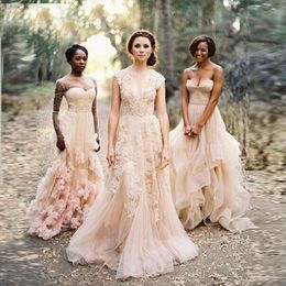 Vintage Blush Lace Beach Garden Wedding Dresses Sexy Deep V neck Cap Sleeve Layered Lace Long Bridal Gowns DH4117