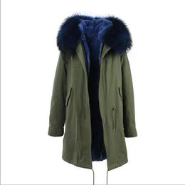 Classic blue fur trim Jazzevar brand blue rabbit fur lined army green canvas long jackets women coats with ykk zipper long snow parka