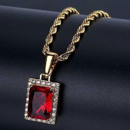 Mens Large Lab Ruby Rectangle GEM Bling Bling Pendant Genine Red Simulated Ruby Jewelry 18K Yellow Gold Plated Necklace with Gift box