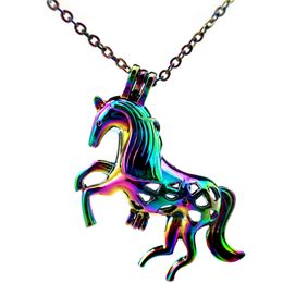 C179 Rainbow Colour Fairy Tale Unicorn Beads Cage Pendant Essential Oil Diffuser Aromatherapy Pearl Cage Locket Pendant Necklace