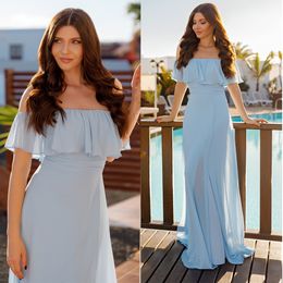 Fashion Light Sky Blue Bridesmaid Dresses Long Chiffon Modest Off The Shoulder Beach Bohemian Maid of Honour Wedding Guest Gowns Slit