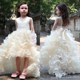 Champagne High Low Flower Girl Dresses Beaded Organza Ruffles V Neck Short Front Long Back First Communion Dress Girls Pageant Dresses