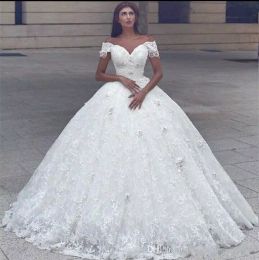 Sweetheart Ball Arabic Wedding Dresses Off Shoulder D Flowers Beaded Pearl Lace Princess Floor Length Puffy Plus Size Bridal Gown