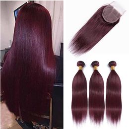 Hot Sale Peruvian 99j Straight Virgin Hair Weave With Closure Peruvian Burgundy Human Hair 3 Bundles With 4x4 Lace Closure