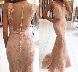 Sexy V Neck Illusion Lace Appliques Beaded Evening Dresses Blush Pink Mermaid Long Evening Gowns Custom Made Floor Length Prom Dress