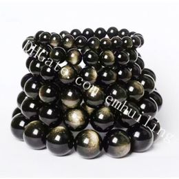 10Pcs Natural Gold Sheen Obsidian Pick Size 6mm 8mm 10mm 12mm 14mm 16mm 18mm Smooth Round Black Gemstone Gold Flash Beads Stretch Bracelet