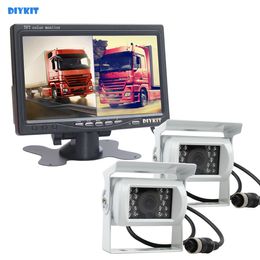 DIYKIT 7inch 2 Split LCD Screen Car Monitor HD CCD Backup Rear View Car Camera White System for Bus Houseboat Truck