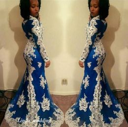 2019 Prom Dress Mermaid Royal Blue With White Lace Long Formal Pageant Holidays Wear Graduation Evening Party Gown Custom Made Plus Size