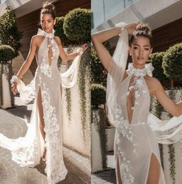 Elihav Sasson 2019 Mermaid Lace Wedding Dress Halter Front Slit Bridal Gowns Custom vestido de novia 3D Appliqued Wedding Gowns