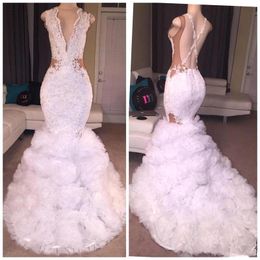 Girls White Black Mermaid Prom Dresses Beads Sequined Backless Tiered Ruffles Sweep Train Evening Gowns Formal Dress Vestidos De Fiesta 0505