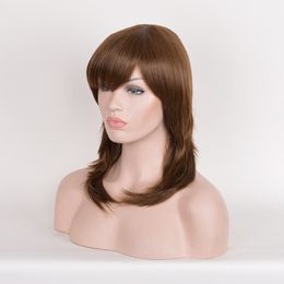 Long Layered Straight Hair with blunt Bangs Fashion Women's brown Wig