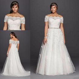 Plus Size Wedding Dresses Off the Shoulder Sheer Neck Garden Wedding Gowns Appliques A Line Short Sleeves Bridal Gowns