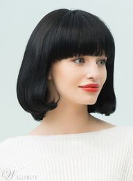 Black Natural Medium Straight Bob With Bangs Hairstyle Blend Capless Wigs