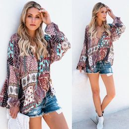 Autumn Shirt Women Fashion Streetwear Casual Print Drawstring Sexy Deep V-Neck Long Sleeve Tops Clothes Vetement Femme 2018