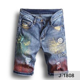 Мужские короткие байкерские брюки с цветной росписью, узкие рваные мужские джинсовые шорты, дизайнерские джинсы