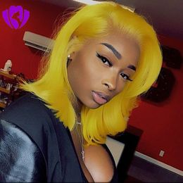 Full density Yellow Colour short wig cosplay Heat Resistant Hair handmade party Synthetic Lace front bob wig for Women present