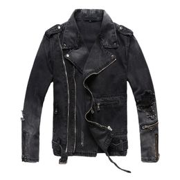 Slim Mens Ripped Denim Jackets trend high street locomotive models denim jacket black hole zipper slim lapel denim Motorcycle Biker jacket