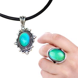 Womens Fashion Jewelry Set Mood Pendant Leather Chain Neckalce Color Change Silver Ring for Sale