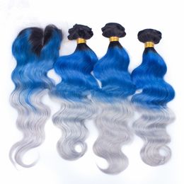 Body Wave #1B/Blue/Grey Ombre 4x4 Lace Front Closure with 3Bundles Three Tone Ombre Virgin Brazilian Human Hair Weaves with Closure