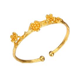 Flower Patterned Cuff Bangle Solid 18k Yellow Gold Filled Womens Beautiful Bangle Bracelet Gift Present Accessories